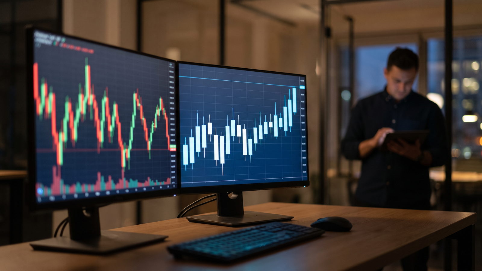 Two monitors comparing standard candlesticks with smooth Heikin Ashi candles