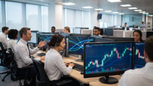 Brokerage dealing desk with staff on headsets and quote screens