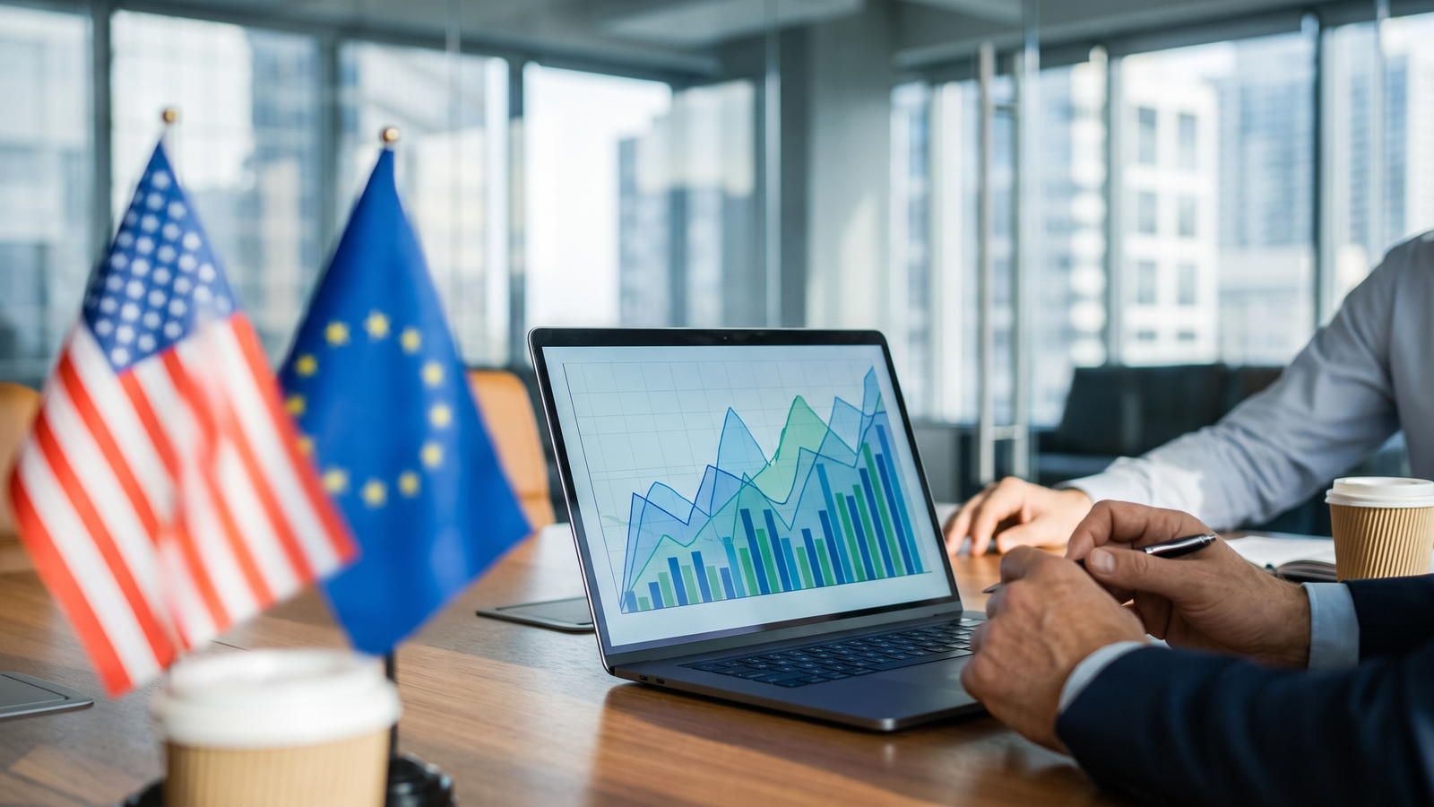 Two national flags on a table beside a laptop showing two interest-rate charts