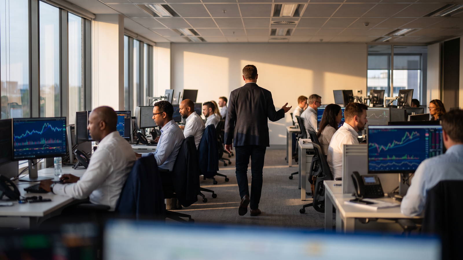 Open-plan trading firm office with rows of traders at desks