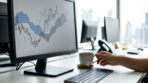 Monitor showing a price chart with an Ichimoku cloud and a cup of green tea