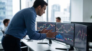 Trader comparing four markets across four monitors