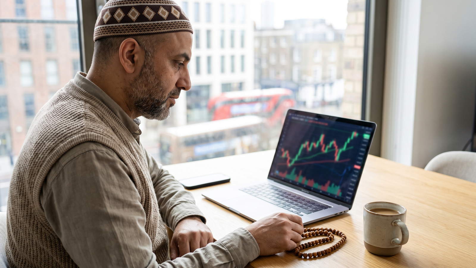 Trader at a desk with a trading platform, prayer beads and coffee