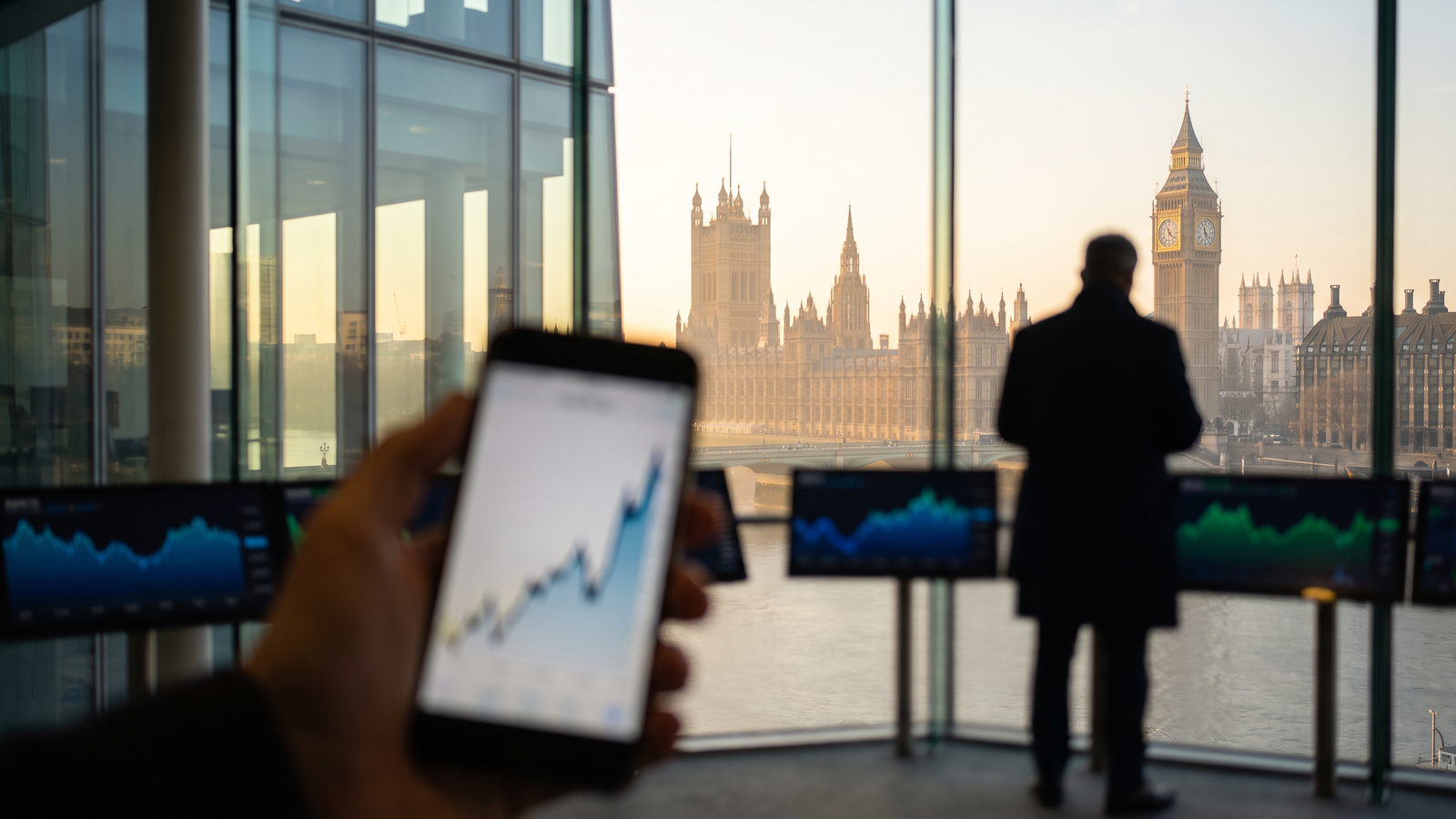 Big Ben at sunrise with a phone showing a breakout chart in the foreground