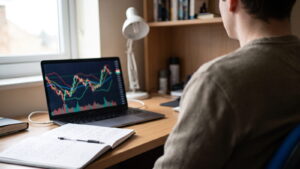 Laptop with a practice trading platform on a desk in a bedroom