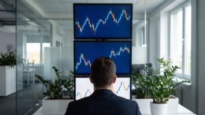 Trader comparing the same market on three time frames across three monitors