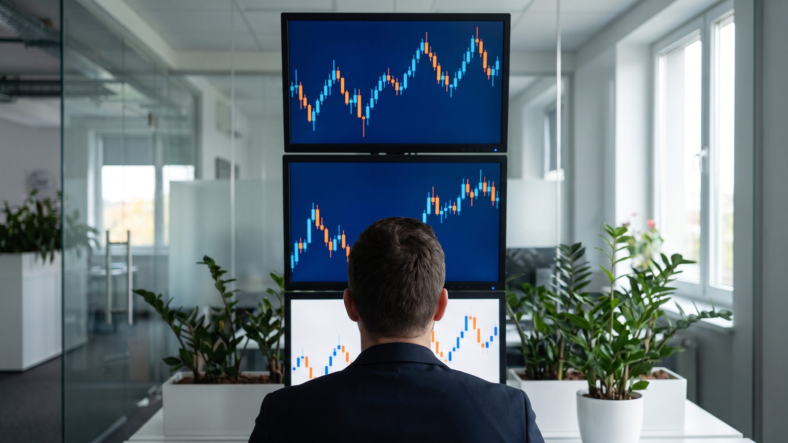 Trader comparing the same market on three time frames across three monitors