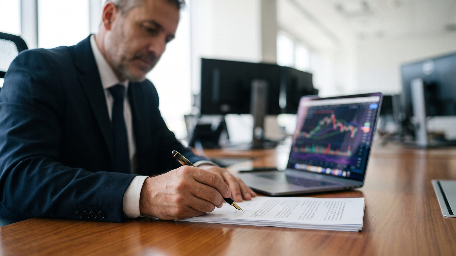 Trader in a suit signing documents beside a laptop with a trading platform