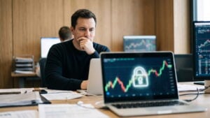 Trader thinking in front of a laptop showing a padlock icon