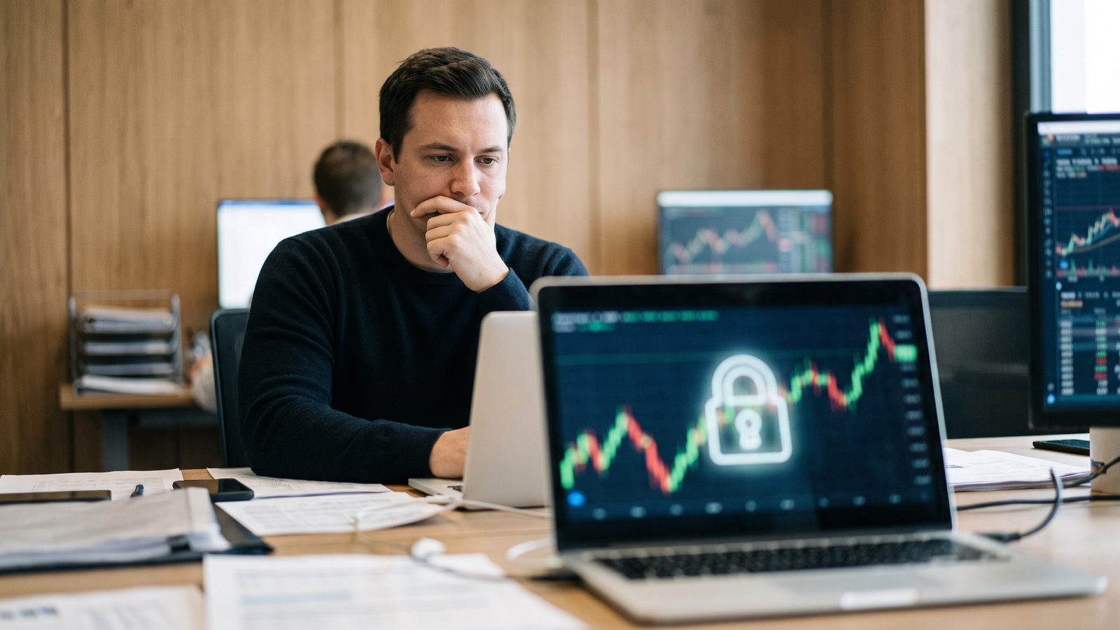 Trader thinking in front of a laptop showing a padlock icon
