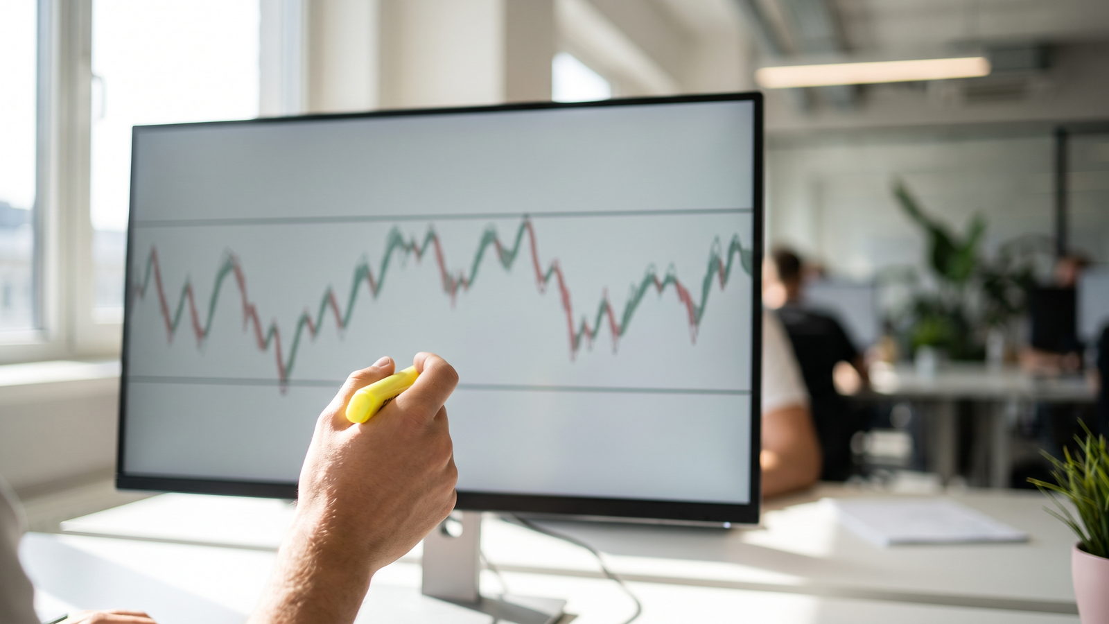 Monitor showing a sideways price range between two horizontal lines