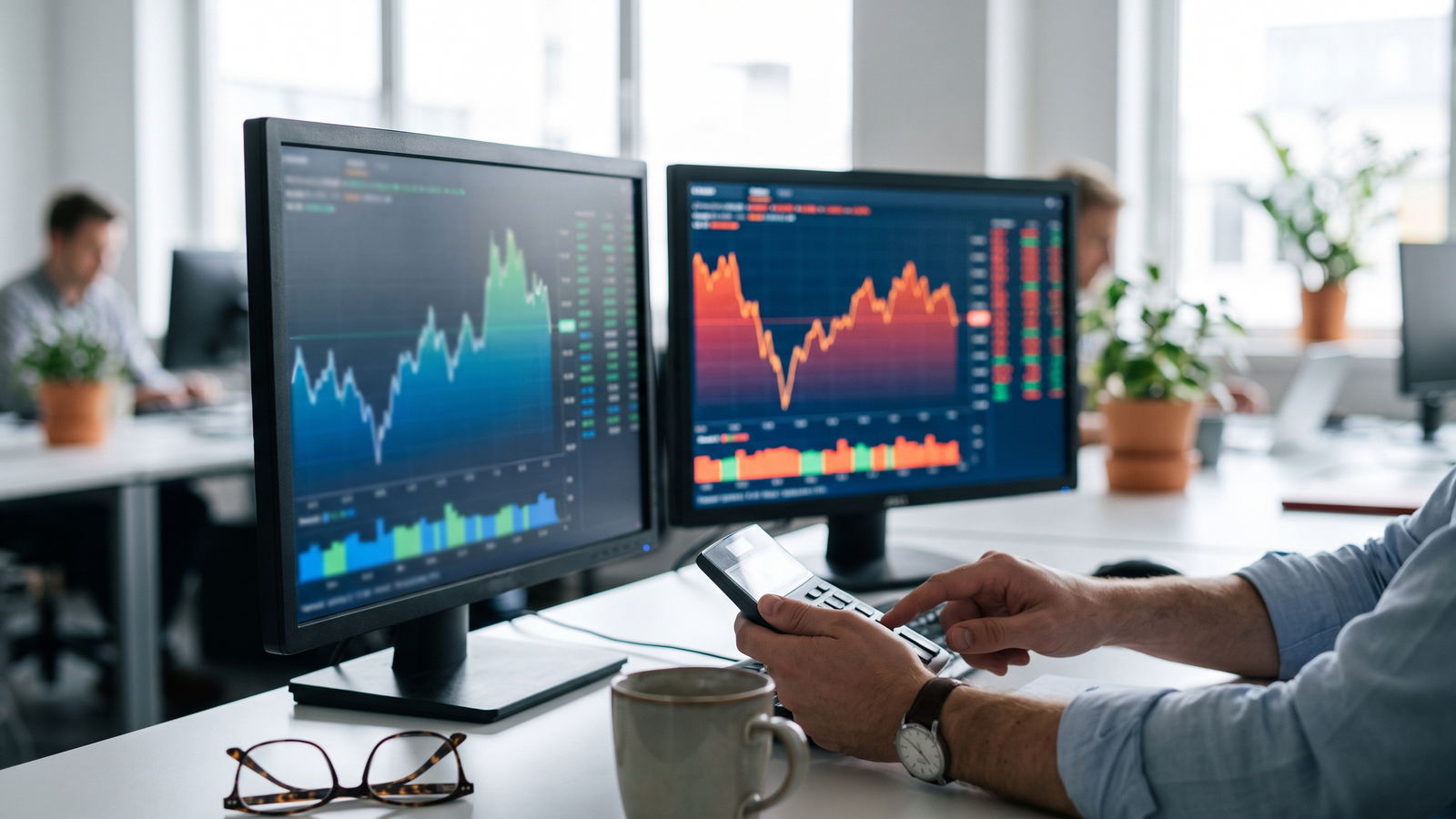 Trader comparing two account pricing pages with a calculator