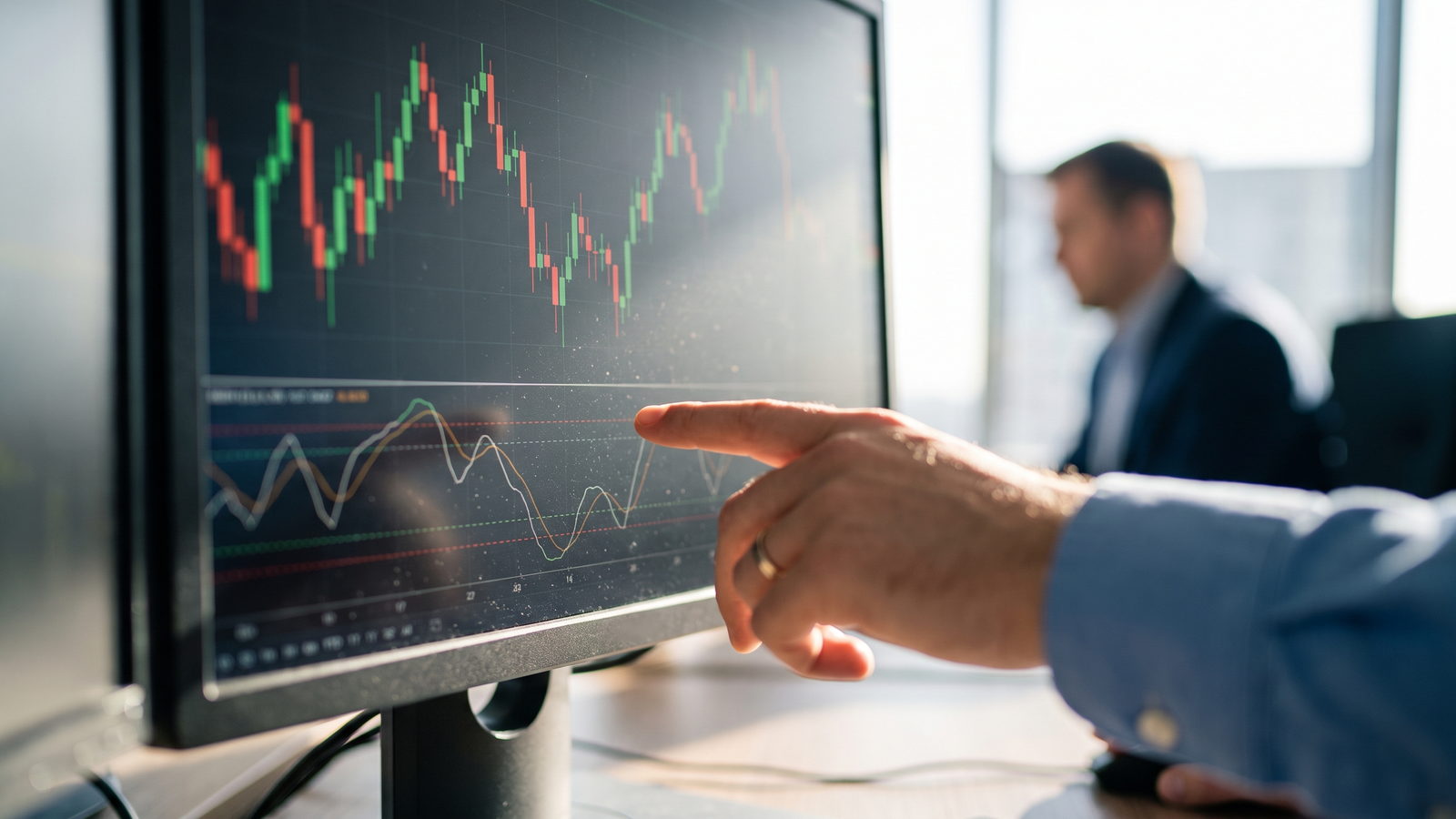 Trader pointing at an RSI oscillator panel below a price chart