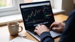 Laptop with a spread betting demo ticket, a cup of tea and a pound coin