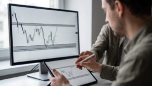Trader drawing support and resistance lines on a tablet beside a monitor