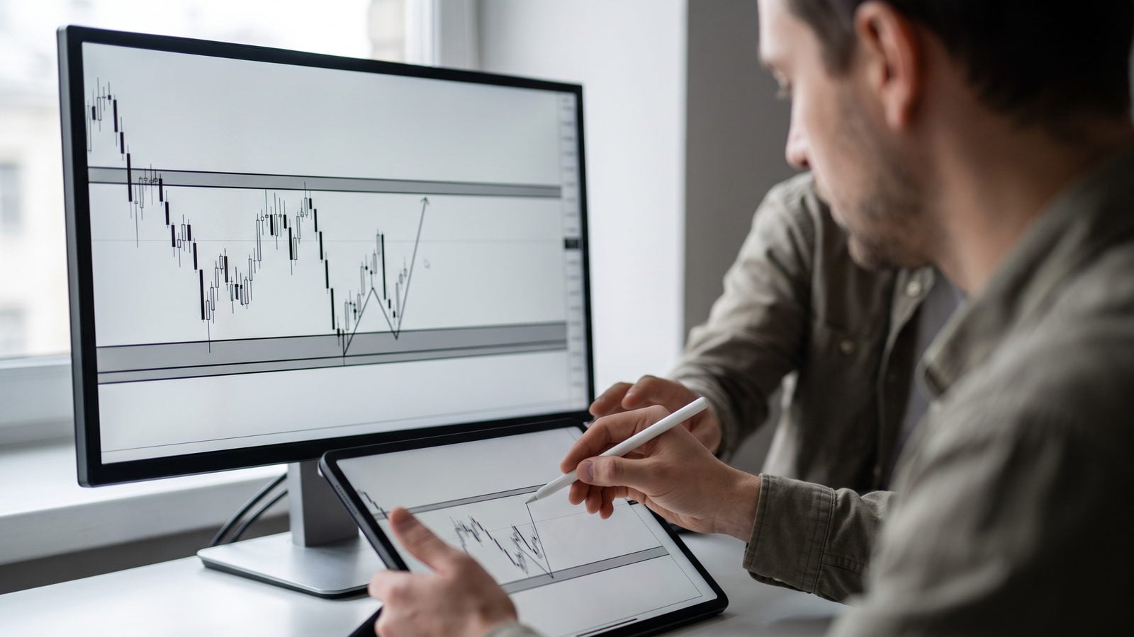 Trader drawing support and resistance lines on a tablet beside a monitor