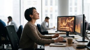 Trader taking a calm breath with eyes closed at a softly lit desk