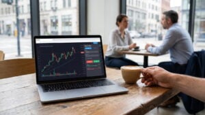 Laptop in a cafe showing a browser charting platform with a paper-trading panel