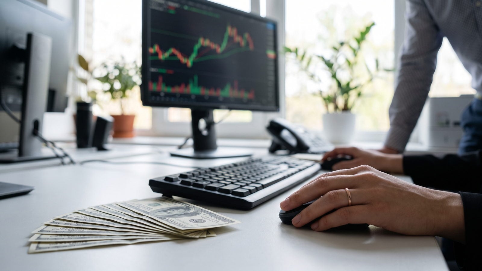 US dollar banknotes fanned out under a monitor showing a dollar index chart