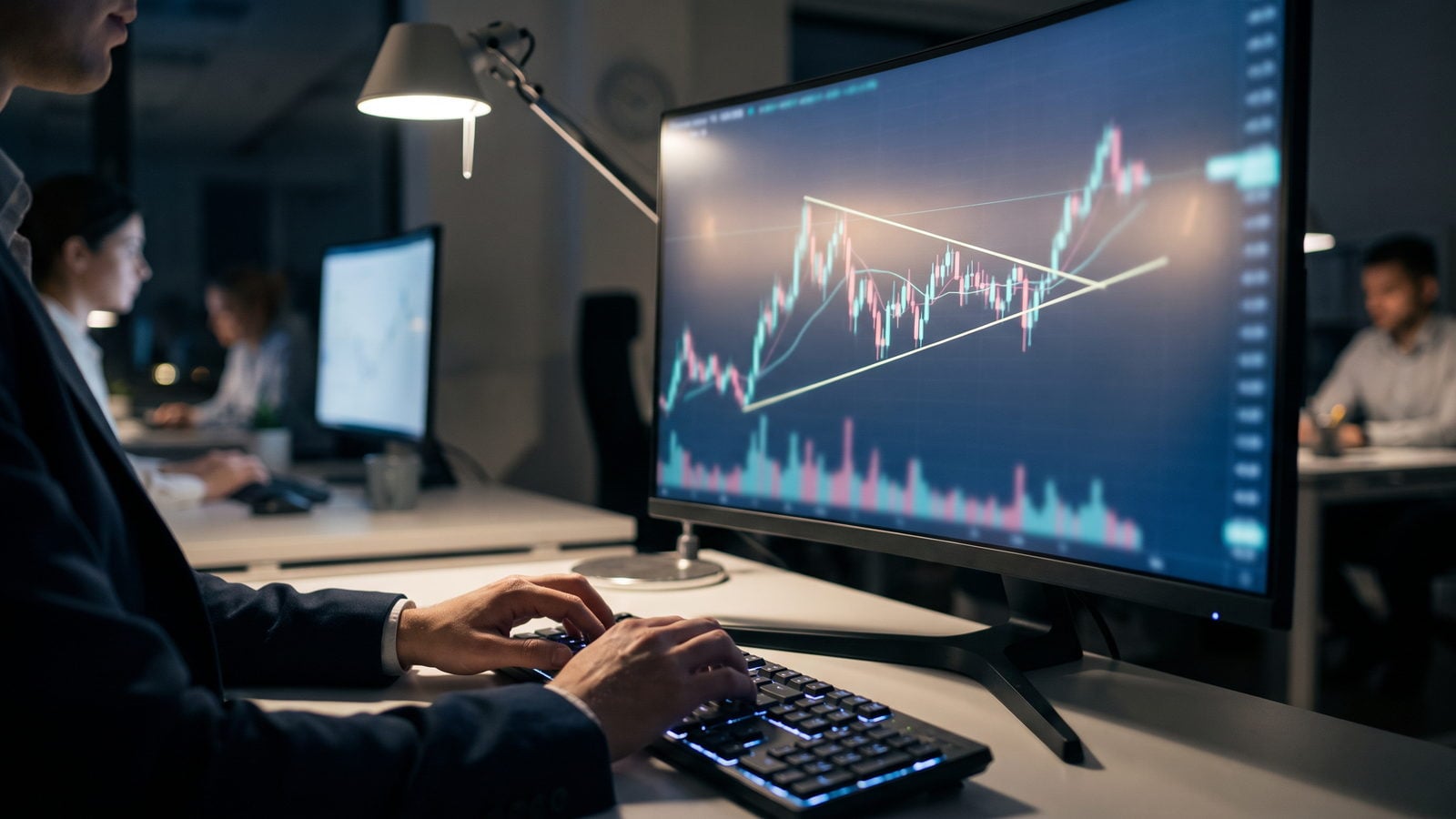 Trader analysing a wedge pattern with converging trendlines on a monitor
