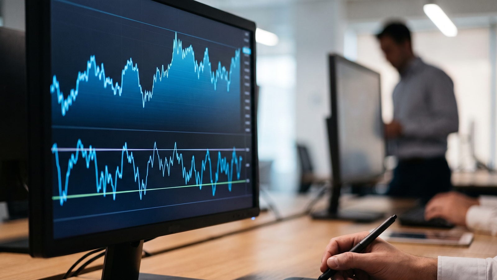Monitor showing an oscillator swinging between bands below a price chart